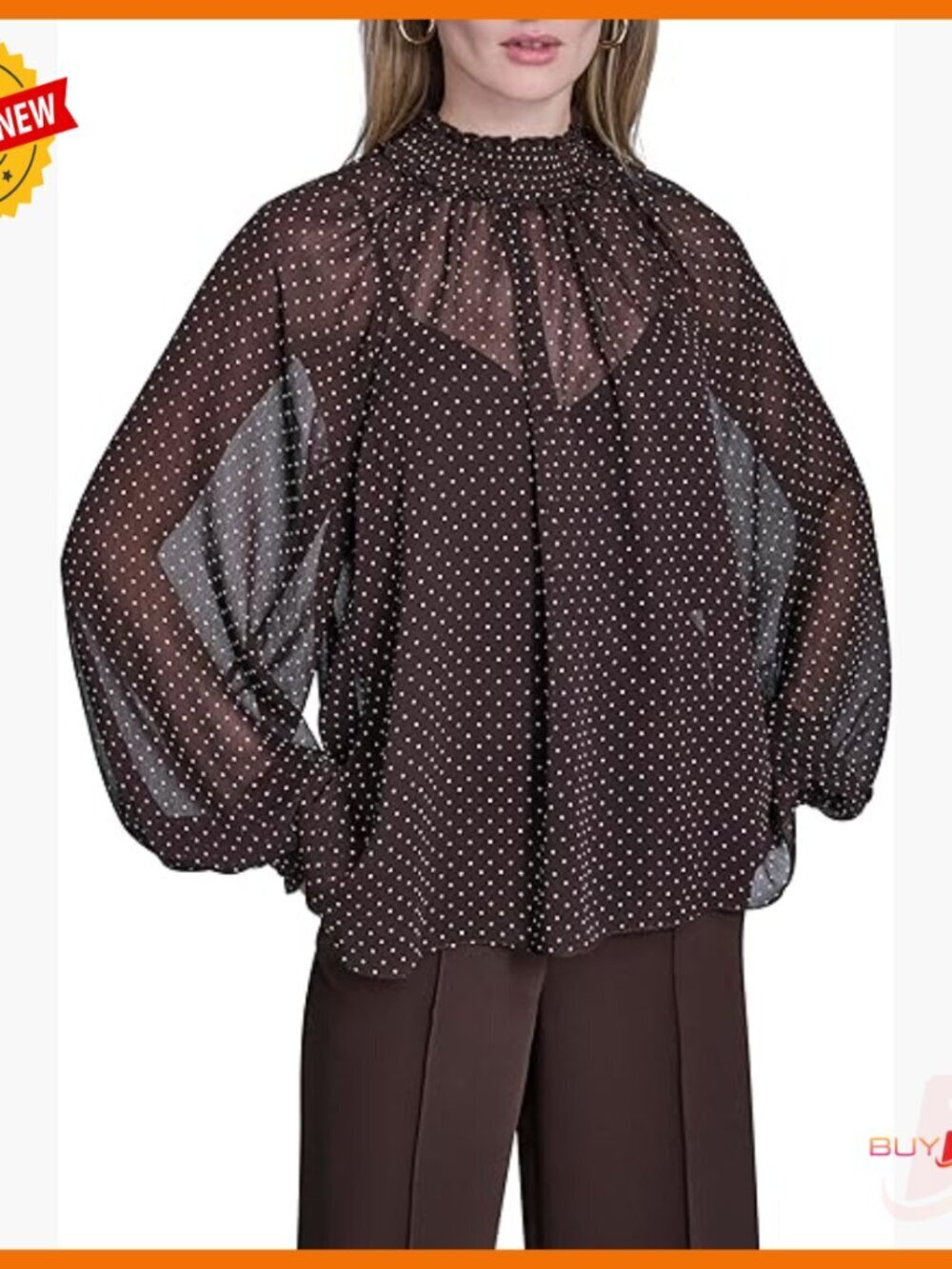 Long Sleeve Smocked Blouse Modern Fit V-Neck Polyester Dry Clean